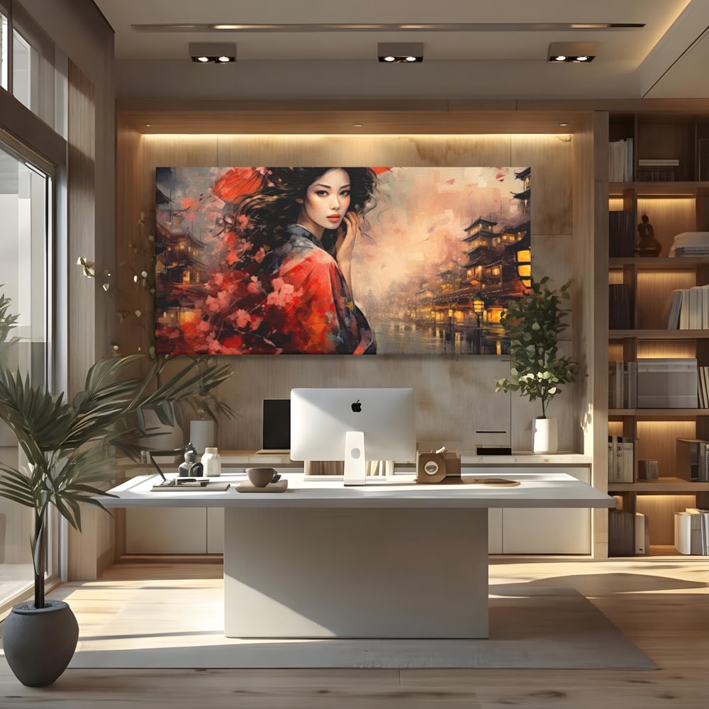 Tablou canvas cu tablou canvas cu gheisa in kyoto, fara rama, pe sasiu de lemn, pe perete intr-un birou